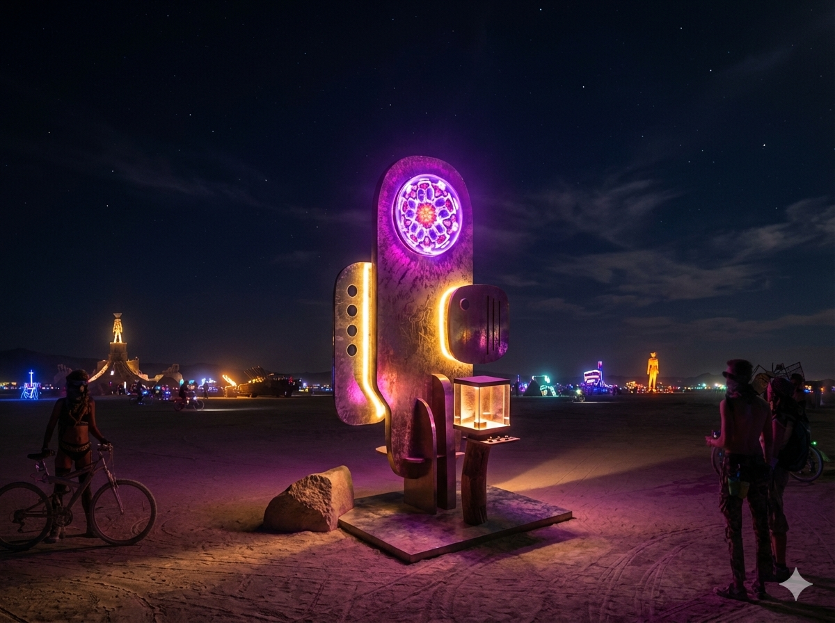 ALUNA sculpture glowing at night on the Black Rock Desert playa, participants gathered around
